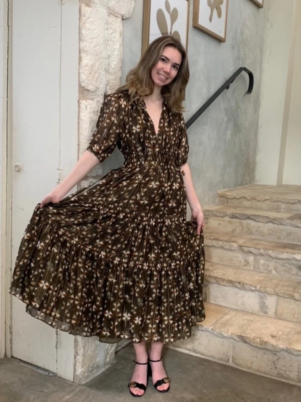 Ulla Johnson Tunis Midi Dress 100% Silk Olive Prism Metallic Puff Sleeve Size 4 - Picture 3 of 16
